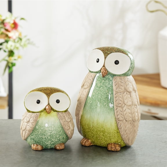 Melrose Etched Feather Terracotta Owl Figurines - 9.5" - Green and Teal Blue - Set of 2