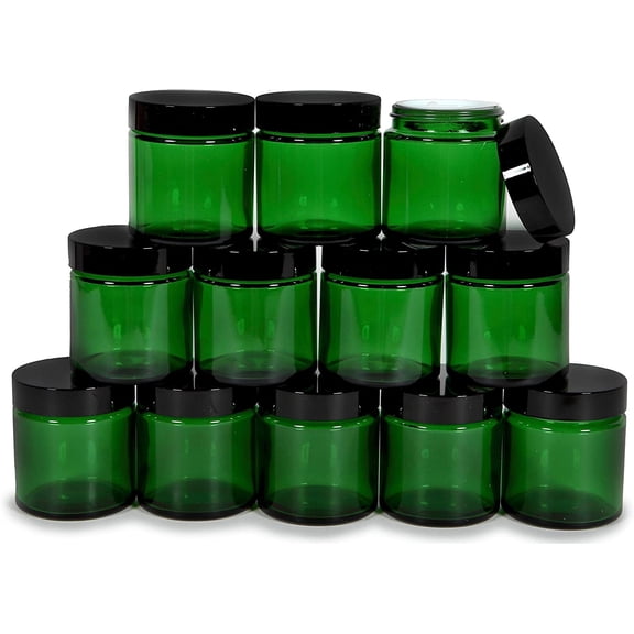Vivaplex, 12, Green, 4 oz, Round Glass Jars, with Inner Liners and black Lids