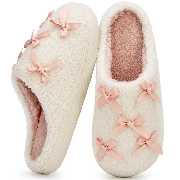 Ecetana Women's Slippers Fuzzy Bow Plush Warm Indoor Cozy House Shoes Non-Slip Memory Foam