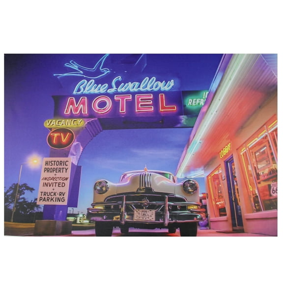 Northlight LED Lighted Famous Blue Swallow Motel with Classic Car Canvas Wall Art 15.75" x 23.75"