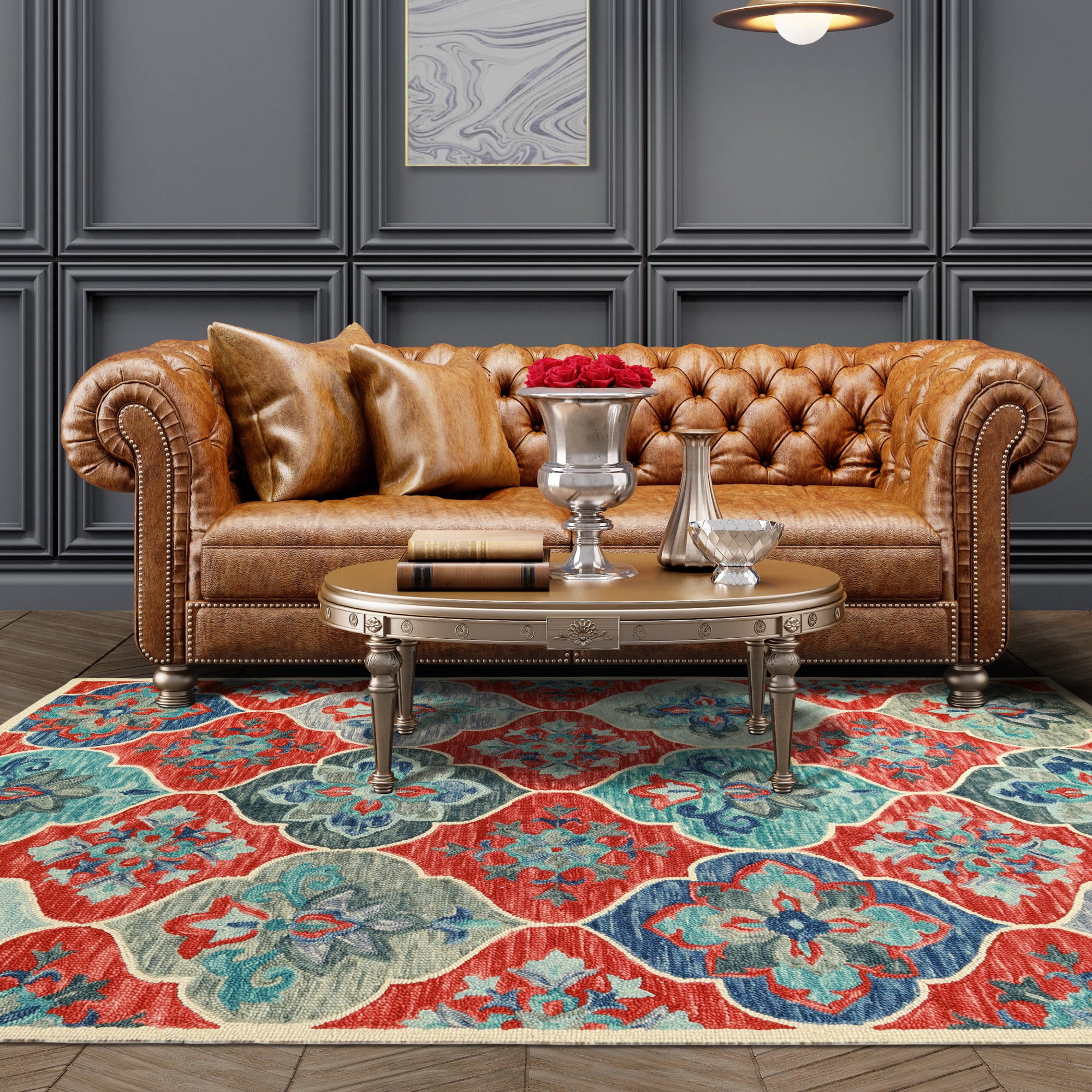 Geometric Floral Eclectic Modern Bohemian Handmade Wool Indoor Area Rug, Blue-Rust, 8' x 10'