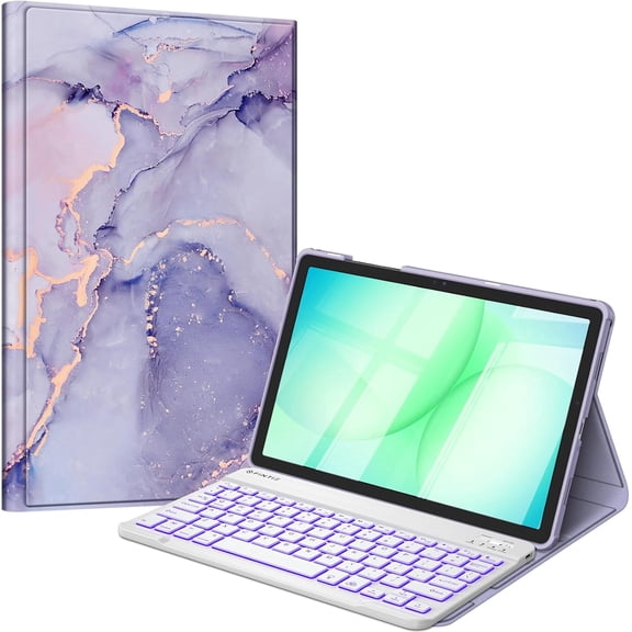 FINTIE Backlit Keyboard Case for Samsung Galaxy Tab A11 Plus 2025/ A9 Plus 11 Inch 2023, Detachable 7-Color Backlight Bluetooth Keyboard Protective Stand Cover, Lilac Marble