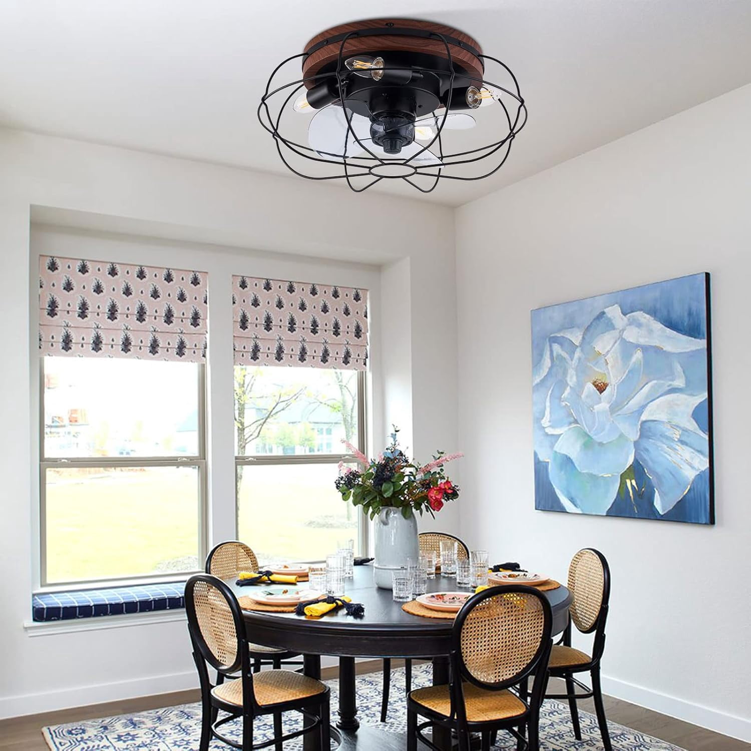 18" Black Metal Caged Ceiling Fan with Remote Modern Small Indoor Fan Light Kit Enclosed Flush Mount Fan for Bedroom Living Room, E26x4 Bulbs NOT Included