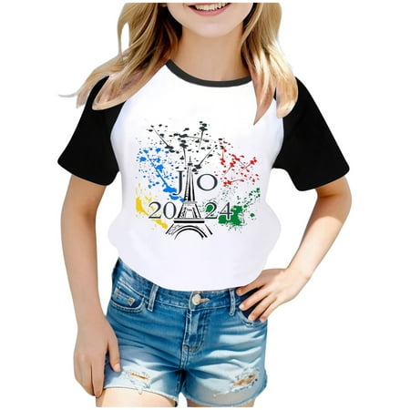 

T-Shirts for Girls Wear City Tourism Commemorative Print Raglan Sleeve Color Block Short Sleeve Children Tops