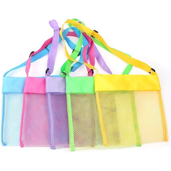 5 Pcs Mesh Beach Bags, Portable Colorful Sea Shell Bags with Adjustable Shoulder Strap