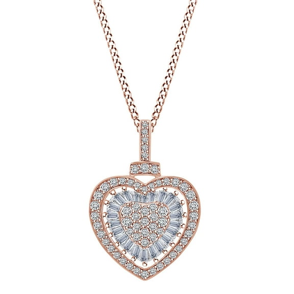 AFFY 1/2 Carat Round/Baguette White Natural Diamond Double Heart Cluster Pendant Necklace 10k Solid Rose Gold with 18" Chain (I-J Color, I2-I3 Clarity, 0.50 Cttw)