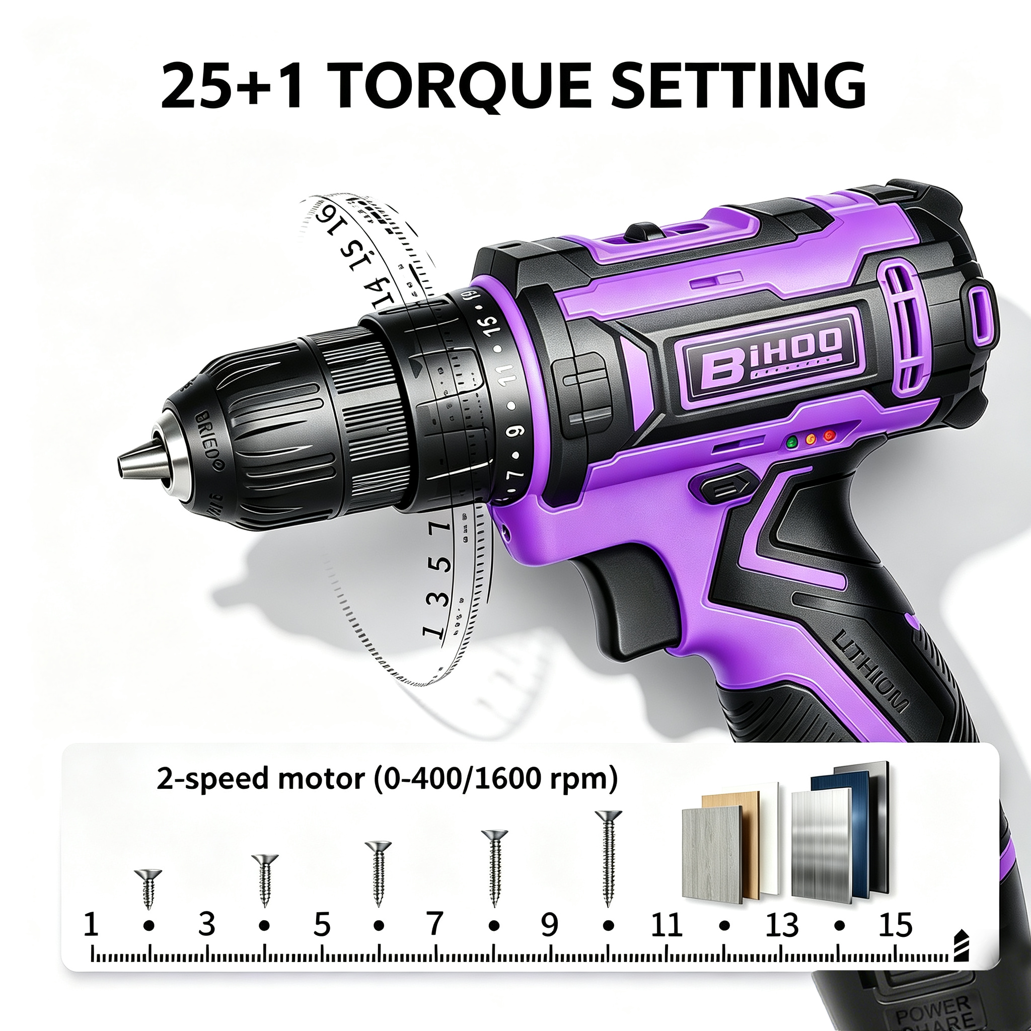 BIHOO 20V Cordless Drill Driver Kit, Purple, for Women photo 5