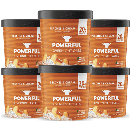Powerful Overnight Oats Oatmeal Cup, High Protein, Whole Grain, Kosher, Natural Ingredients, 20g Protein, Peaches and Cream, 6 Pack
