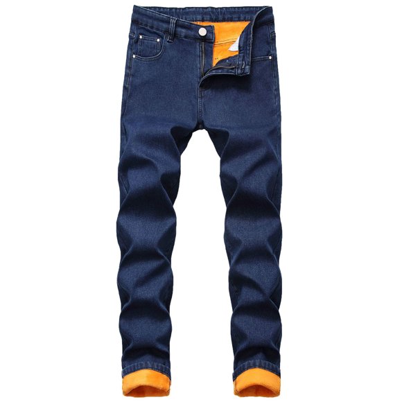 UKAP Jeans pour Hommes Taille Mi-Haute Pantalon en Denim Épaissi Pantalon Peluche Extensible Bas d'Hiver Bleu Foncé 32