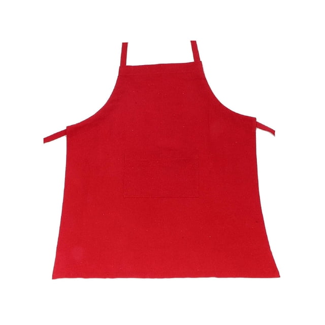 Red polycotton apron featuring a front pocket and adjustable neck strap for kitchen or craft use.