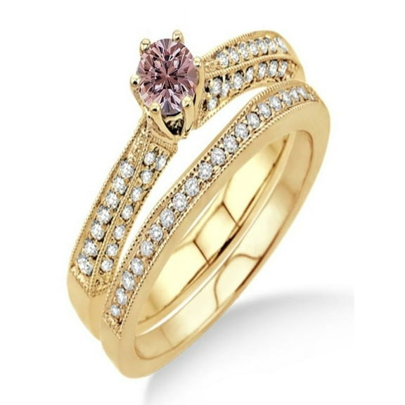 2 Carat Morganite & Diamond Antique Bridal Set Engagement Ring on 10k Yellow Gold