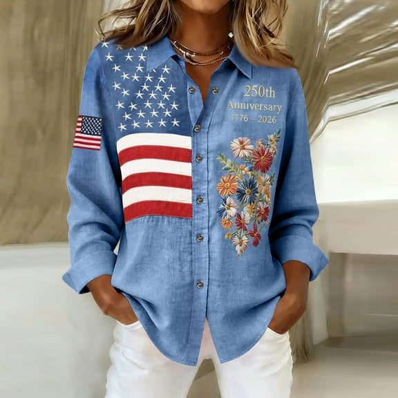 Women's 250th Anniversary 1776-2026 American Flag USA Shirt Floral Patriotic Button Down Long Sleeve Blouses