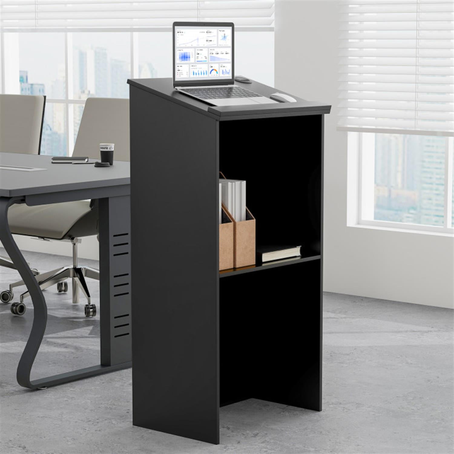 Demi Bonn Wooden Floor Standing Podium Speaking Lectern, Laptop Workstation for Laptops, Books, Tablets, and Art, Balck