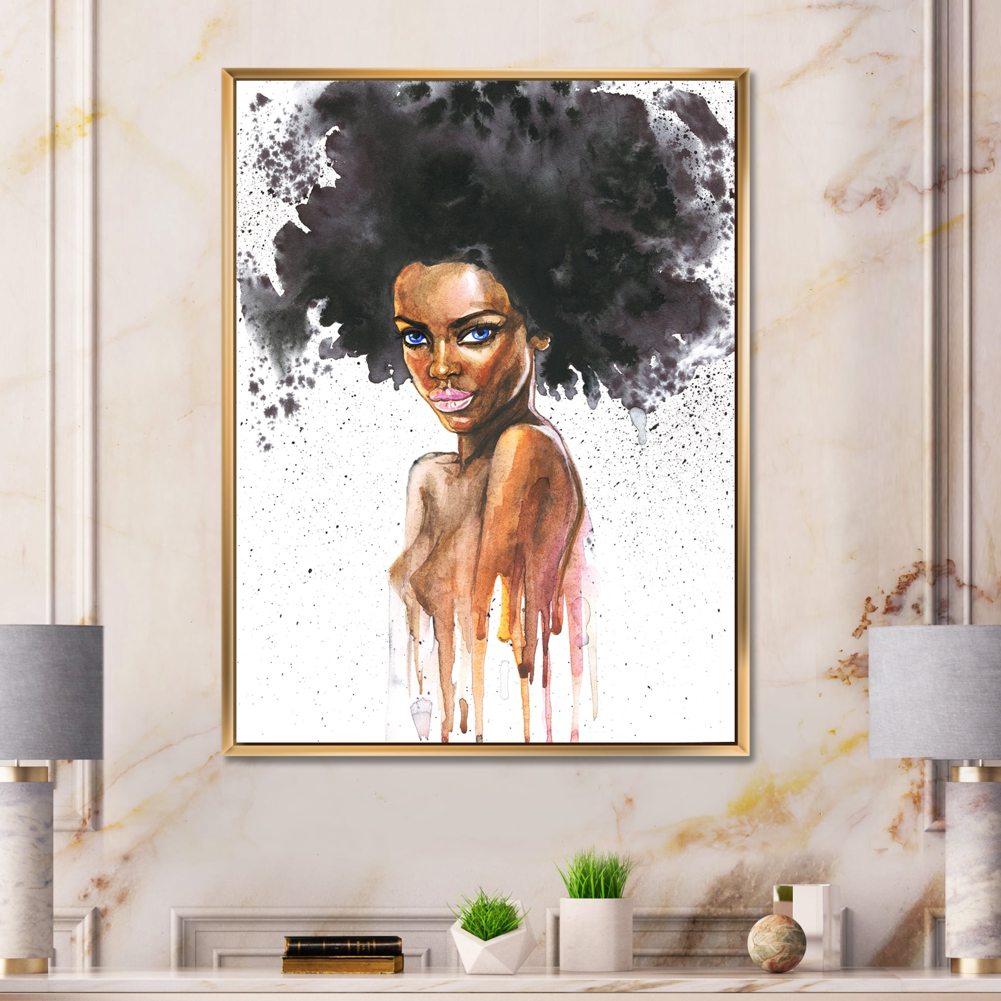 Designart 'Portrait of Afro American Woman VII' Modern Framed Canvas Wall Art Print
