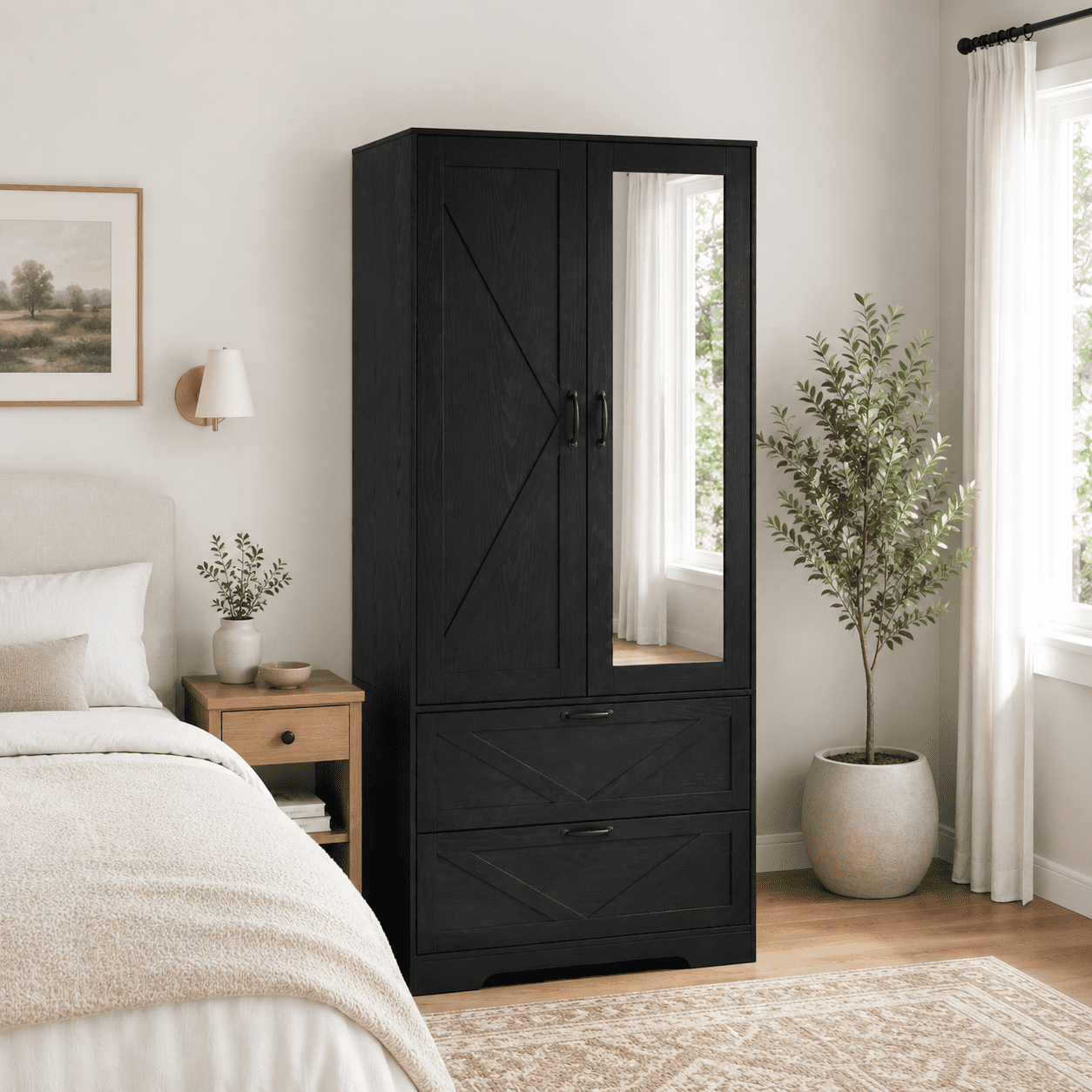 Aukfa 2-Door Wardrobe Armoire with Mirror & Built-In Induction Light, Bedroom Wood Closet with Hanging Rod & 2 Drawers,Black