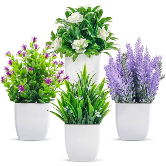 Hengbo 4pack Mini Artificial Green Plants Small Fake Greenery Simulation Potted Planting Suitable for Home Office Bathroom Dining Table