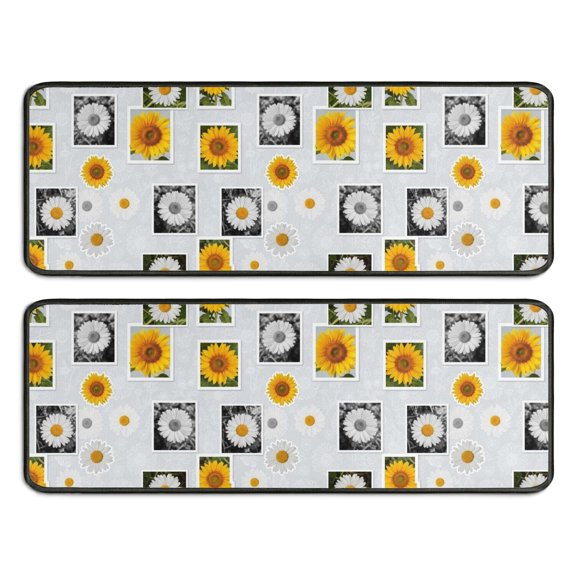 Sunflower and Daisy Blue Pattern Anti Fatigue Kitchen Rugs Set Of 2, Non Slip Washable Decorative Floor Mats for Sink Laundry and Home Use, 17"x47"