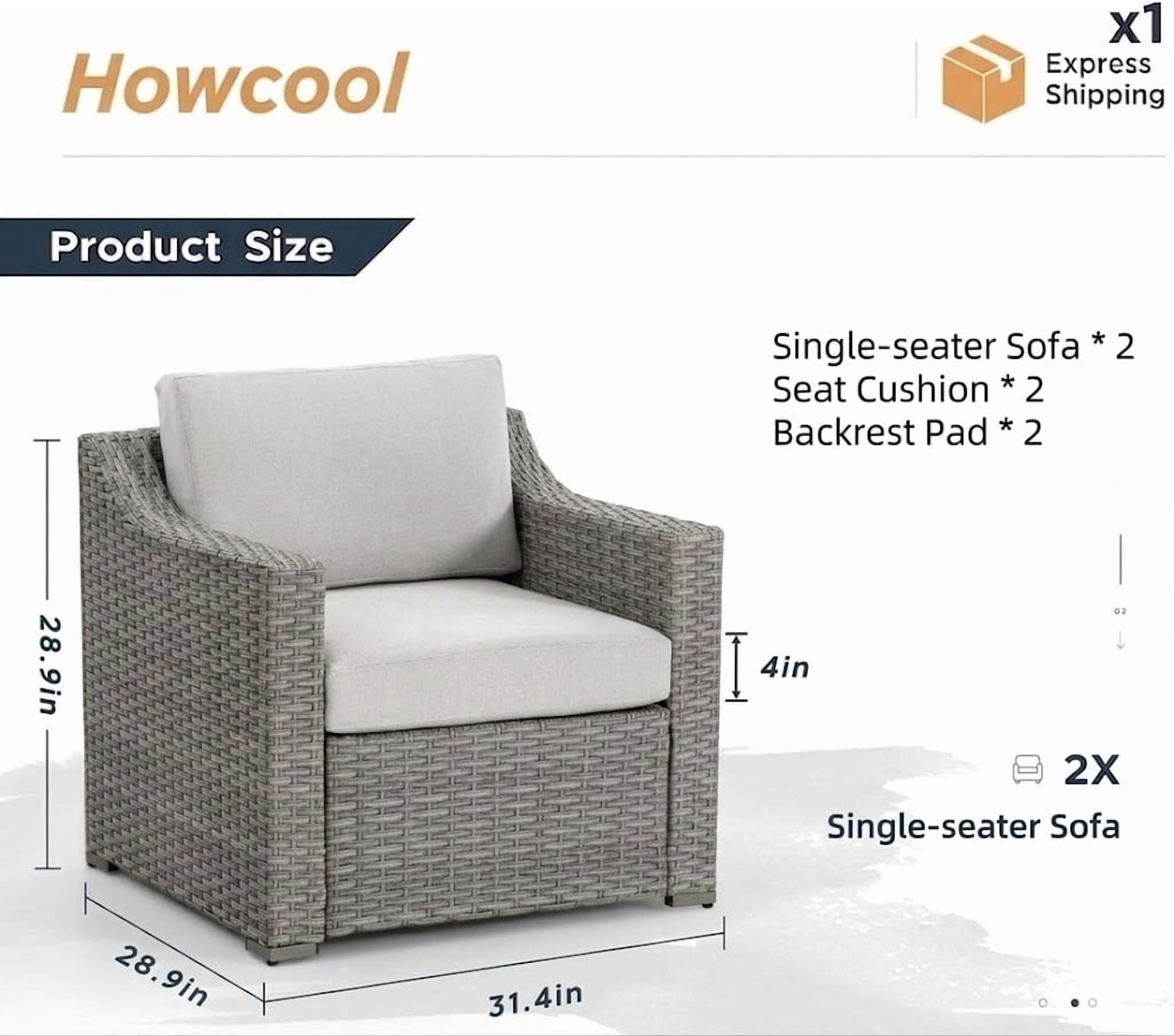 Howcool Outdoor Sectional Sofa, Patio Conversation Set, Outdoor Furniture with Two Single Chairs, Wicker Rattan All-Weather Seating Set for Garden Backyard Porch Balcony, Grey