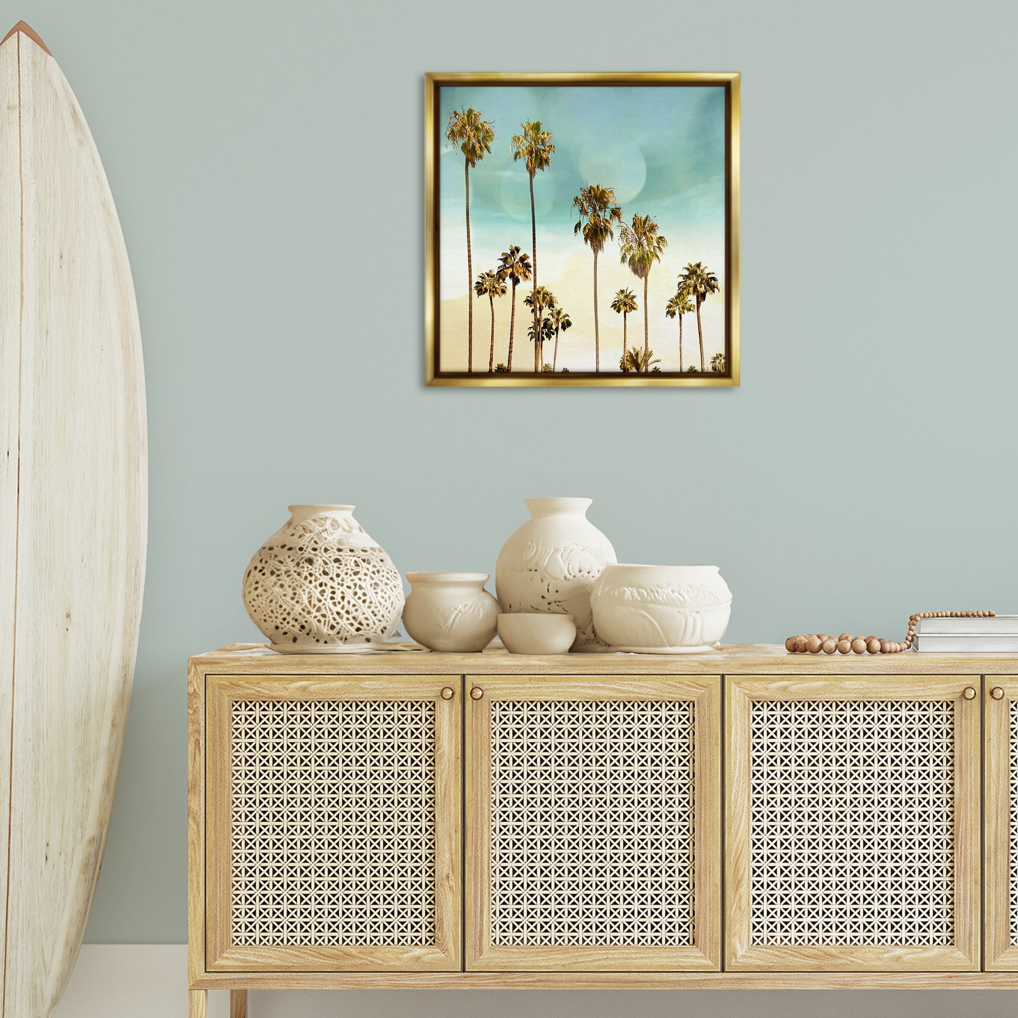 Stupell Industries Palm Tree Beach Sky Nautical & Beach Painting Gold Floater Framed Canvas Art Print Wall Art, 25 x 25