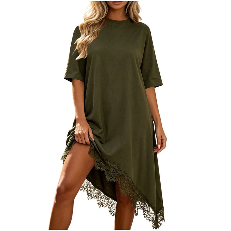 asymmetrical t shirt dress Karymi Casual Solid T-Shirt Dress, Round Neck Half Sleeve Loose Swing with Lace Hem, Summer High-Low Flowy Dress Spring Dresses for Women 2026 My Actual Bust is:32