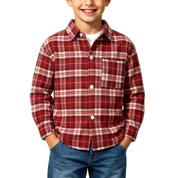 OGLCCG Boys Plaid Button Down Shirt Long Sleeve Collared Micro Polar Dress Shirt with Chest Pockets Fall Clothes(Red,7-8Years)