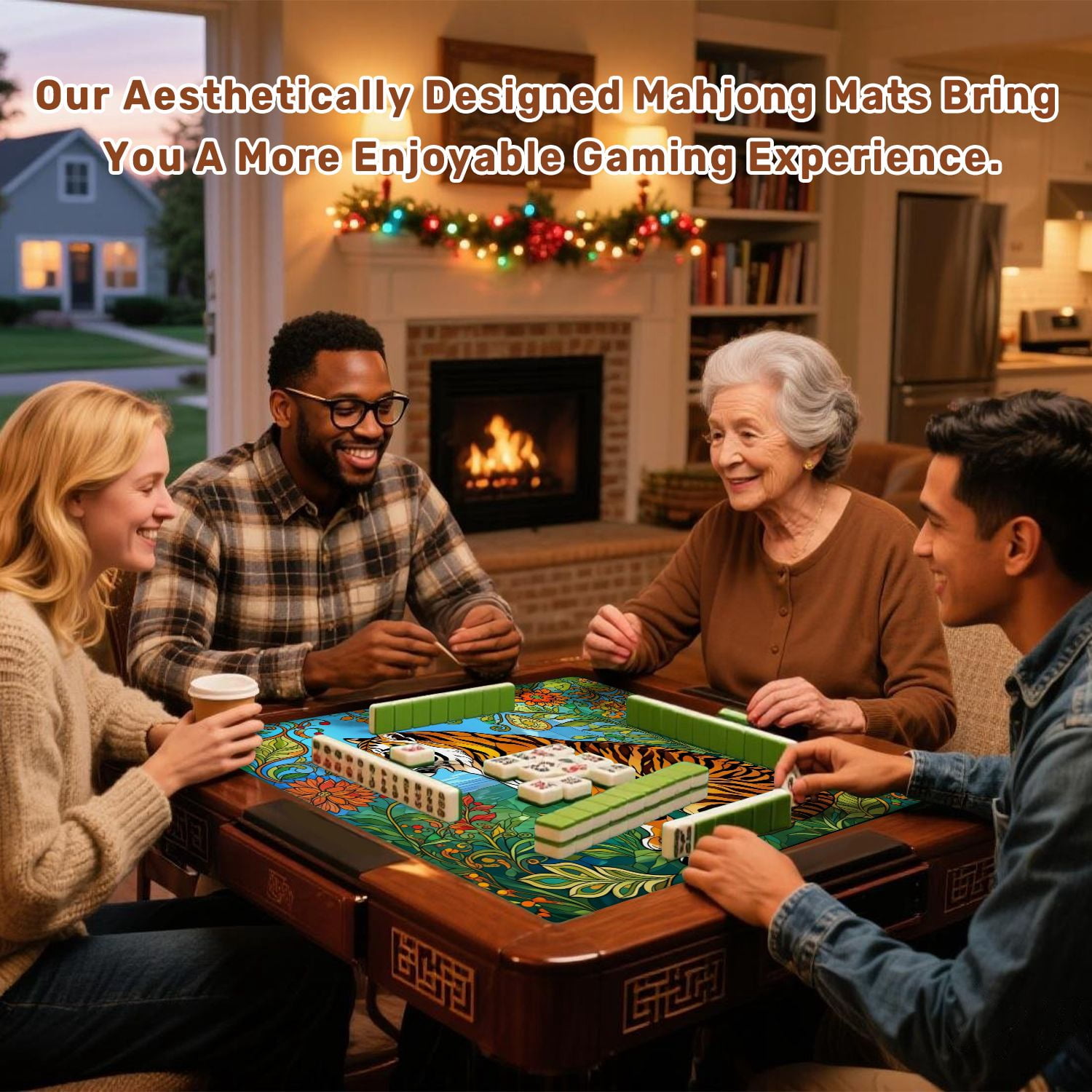 Mahjong Mat 31.5" x 31.5" Colorful Tiger Surrounded by Floral Design Vibrant Style Non-Slip Noise Reduction American Mahjong Tiles Table Cover for Dominoes Poker Card Board Games Gift