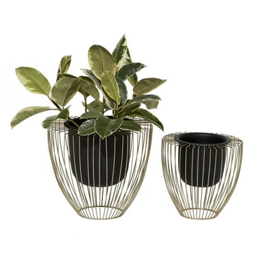 DecMode 10", 12"H Indoor Outdoor Black Metal Planter with Removable Gold Wire Stand (2 Count)
