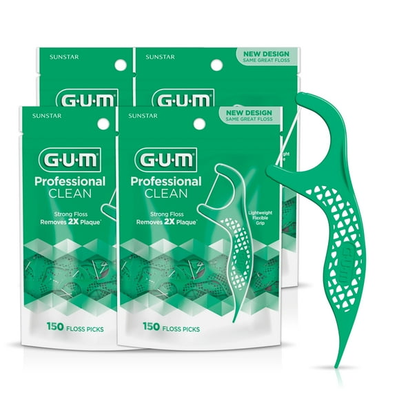 GUM Professional Clean Floss Picks - Extra Strong Shred-Resistant, Easy Grip Handle, 150 Count (4Pk)