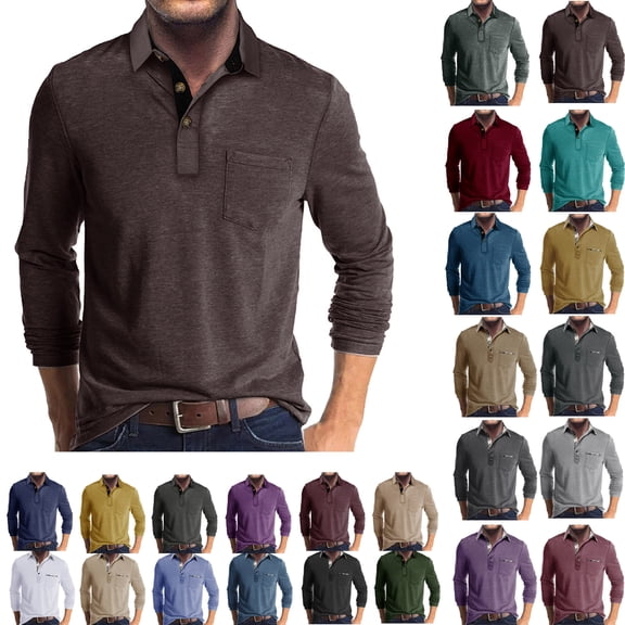 Mens Casual Short Sleeve Henley Shirts Pocket Casual Solid Cotton Blend Drop Cut Collared Shirts,Fashion Shirts Long Sleeve Button Cotton T-Shirt with Pocket,Coffee,M