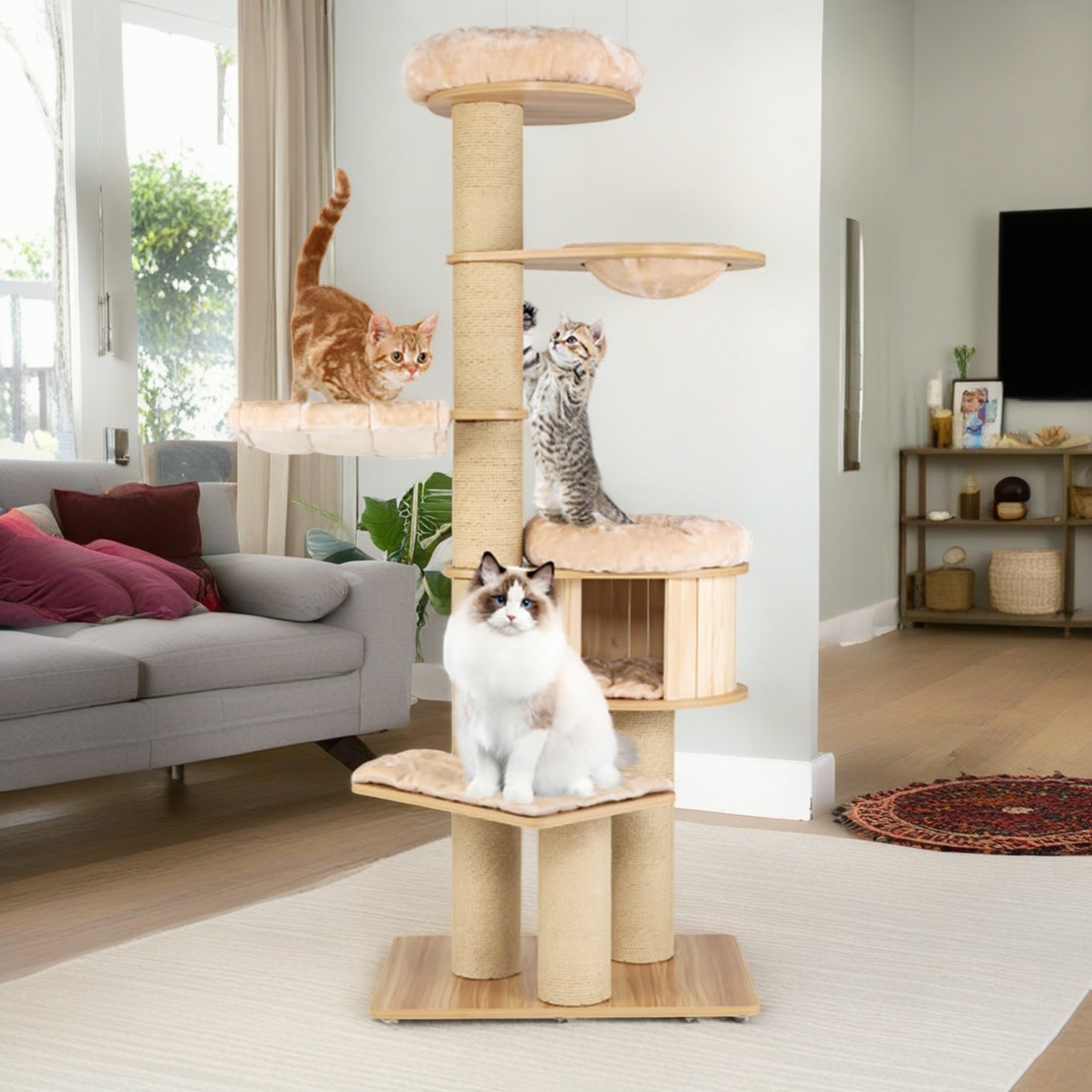 resenkos 75" Wood Cat Tree Tower for Indoor Cats, Multi-Level Cat Condo with Scratching Posts, Perch, Washable Removable Cushions, Cat Furniture, Beige