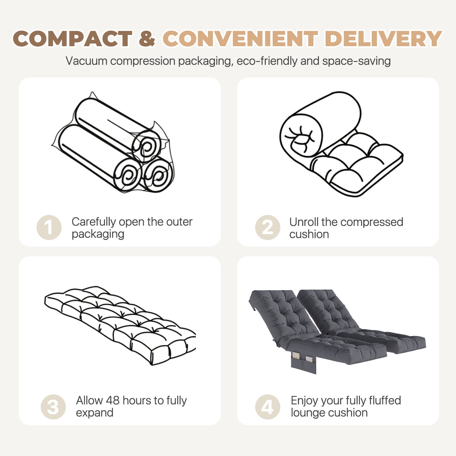 BaPiPro Gray 2-Pack Outdoor Chaise Lounge Cushion with Side Pocket, Triple Non-Slip Fixation, All-Weather Durable & Soft Fabric, Thickened Padding, Ideal for Patio and Poolside Use