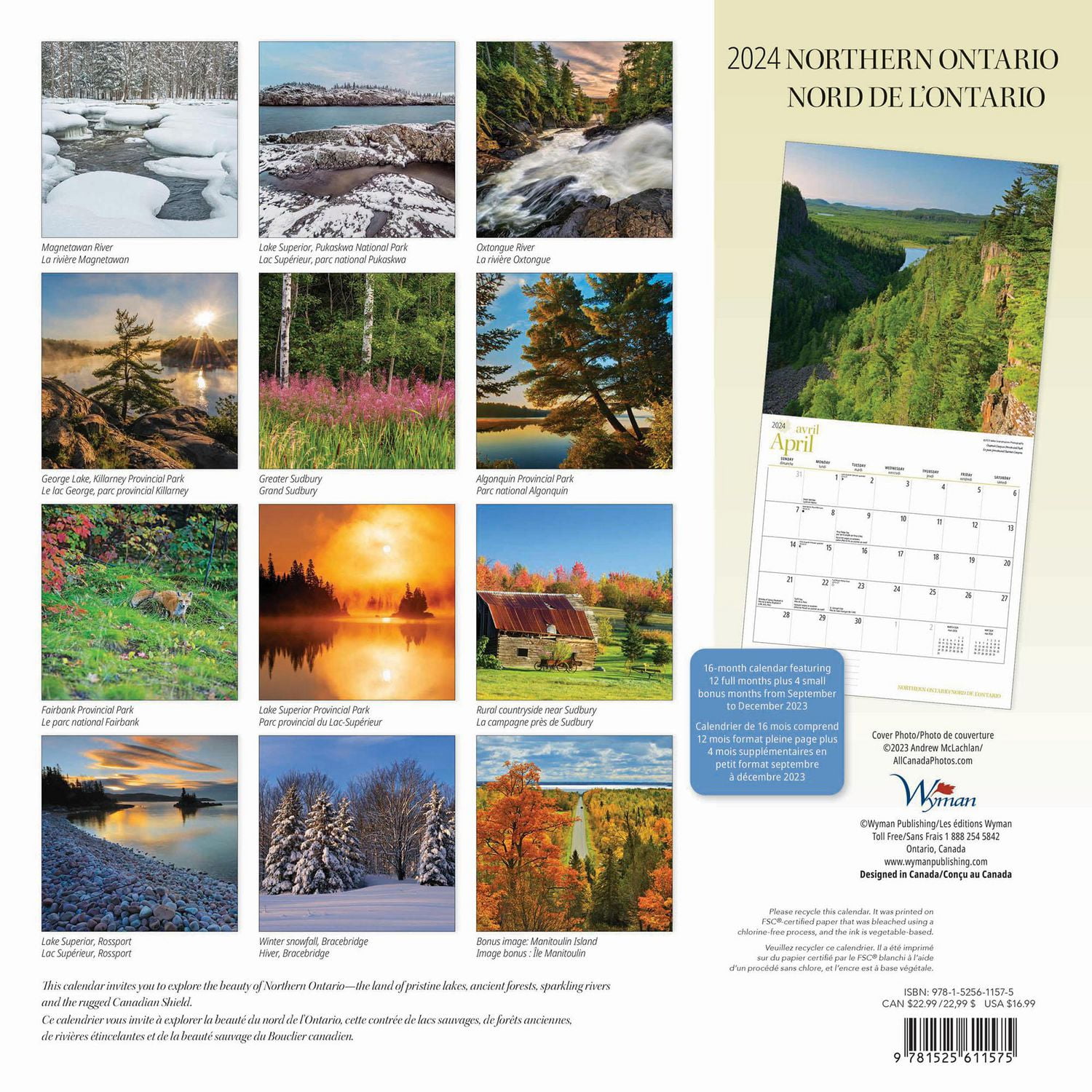 Wyman Publishing Northern Ontario 2024 12x24 Inch Square Wall Calendar, 9781525611575