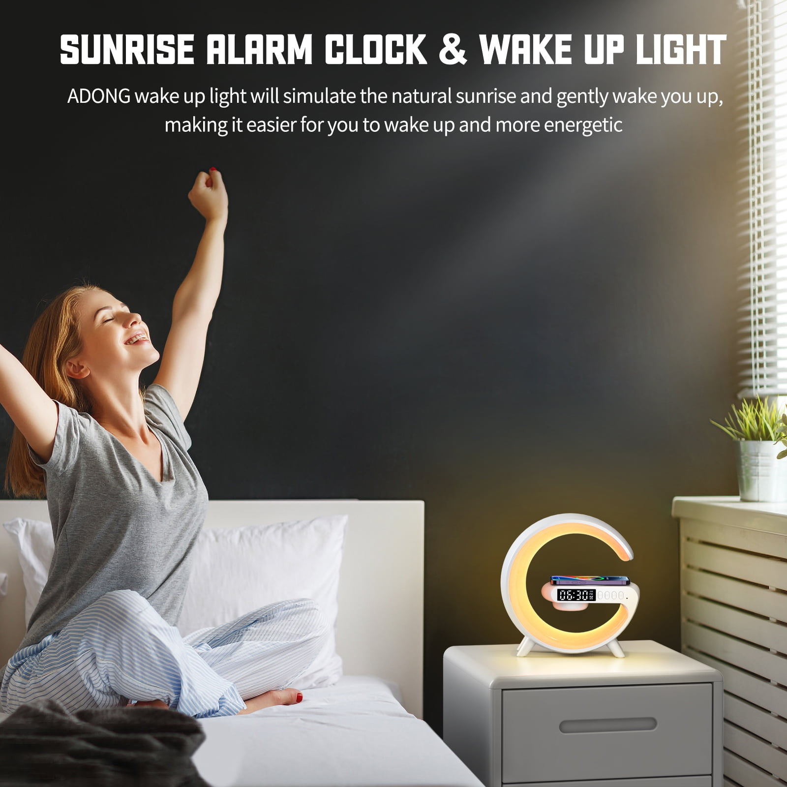 All-in-One Smart Bedside Lamp: 15W Fast Wireless Charger, Alarm Clock & Mood Light for Bedroom（Black）