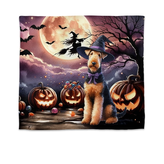 Spooky Halloween Night Witch Airedale Terrier Glowing Pumpkins Tapestry Dale Waterside Dog Lover Wall Hanging Backdrop Home Decor - 12015