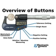 Digital Micrometer, 0-1 Range (Inches and Metric) with 6 Digit LCD Display, 0.0001 Graduation