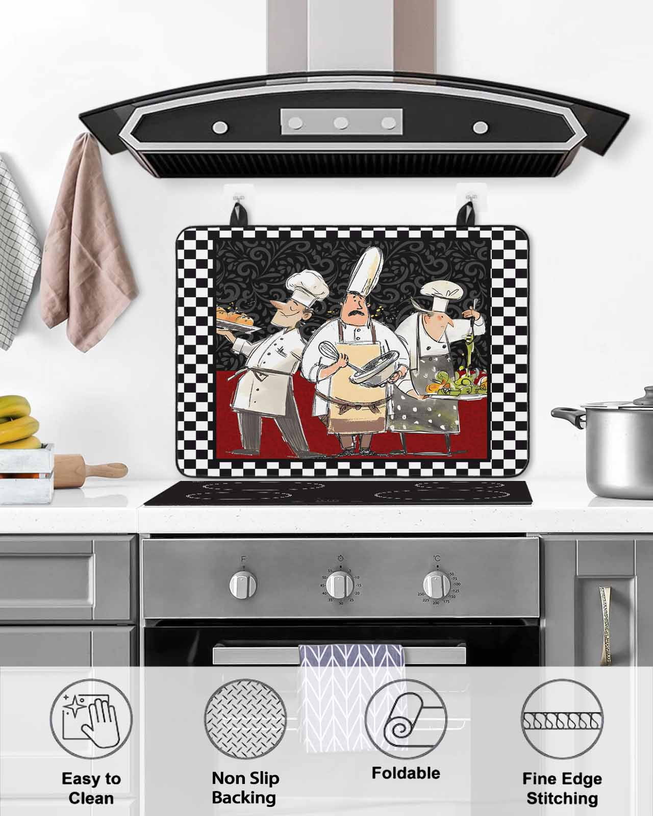 Large Induction Cooktop Protector Mat Chef Stove Top Covers for Electric Stove, Cartoon Cute Watercolor Cooking Black Plaid Decorative Stove Burner Cover Mats, Glass Top Stove Cover