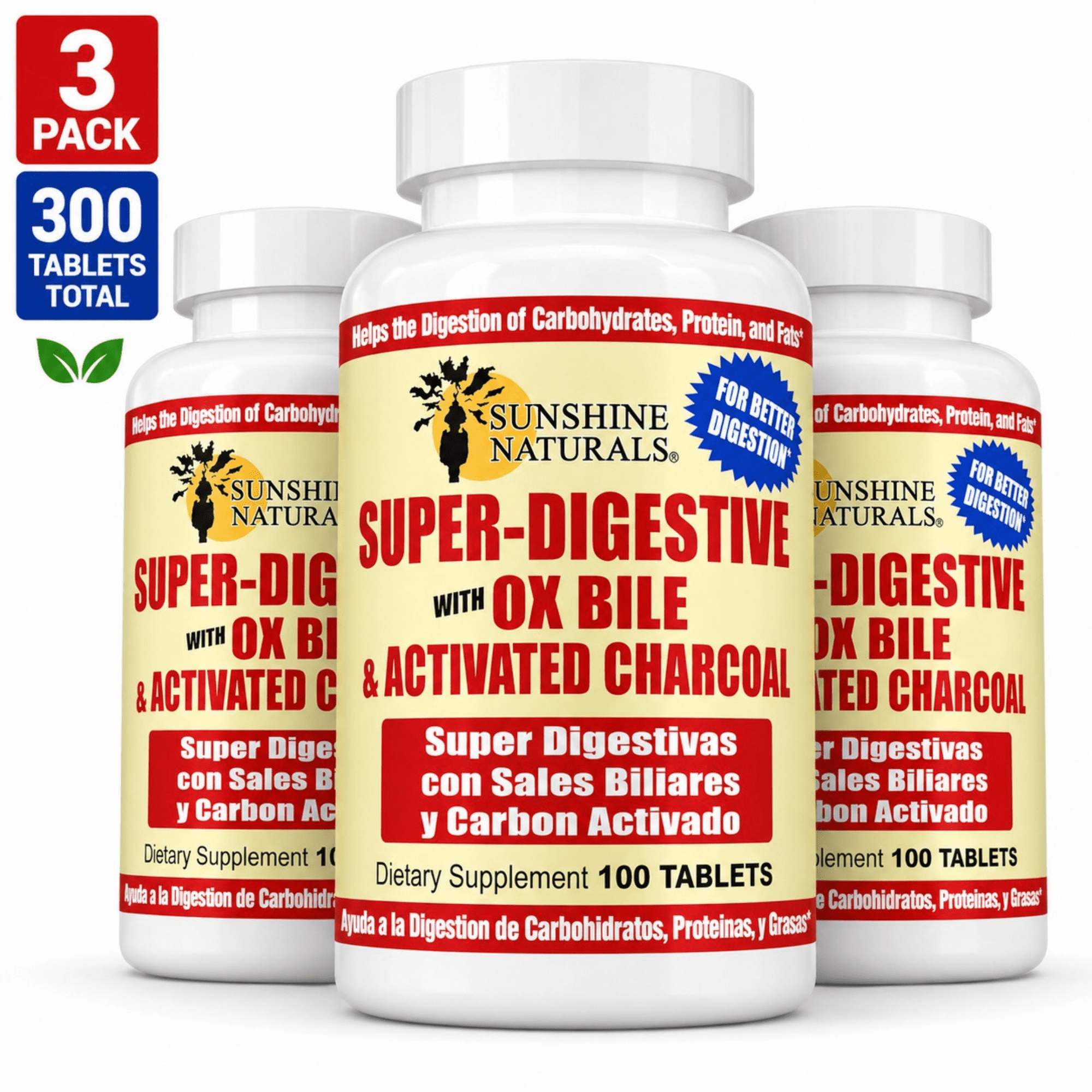Sunshine Naturals Super Digestive Activated Charcoal Dietary Supplement, Digestive Enzymes Dietary Supplement, 3 PACK, 100 Tablets per bottle, 300 Tablets Total