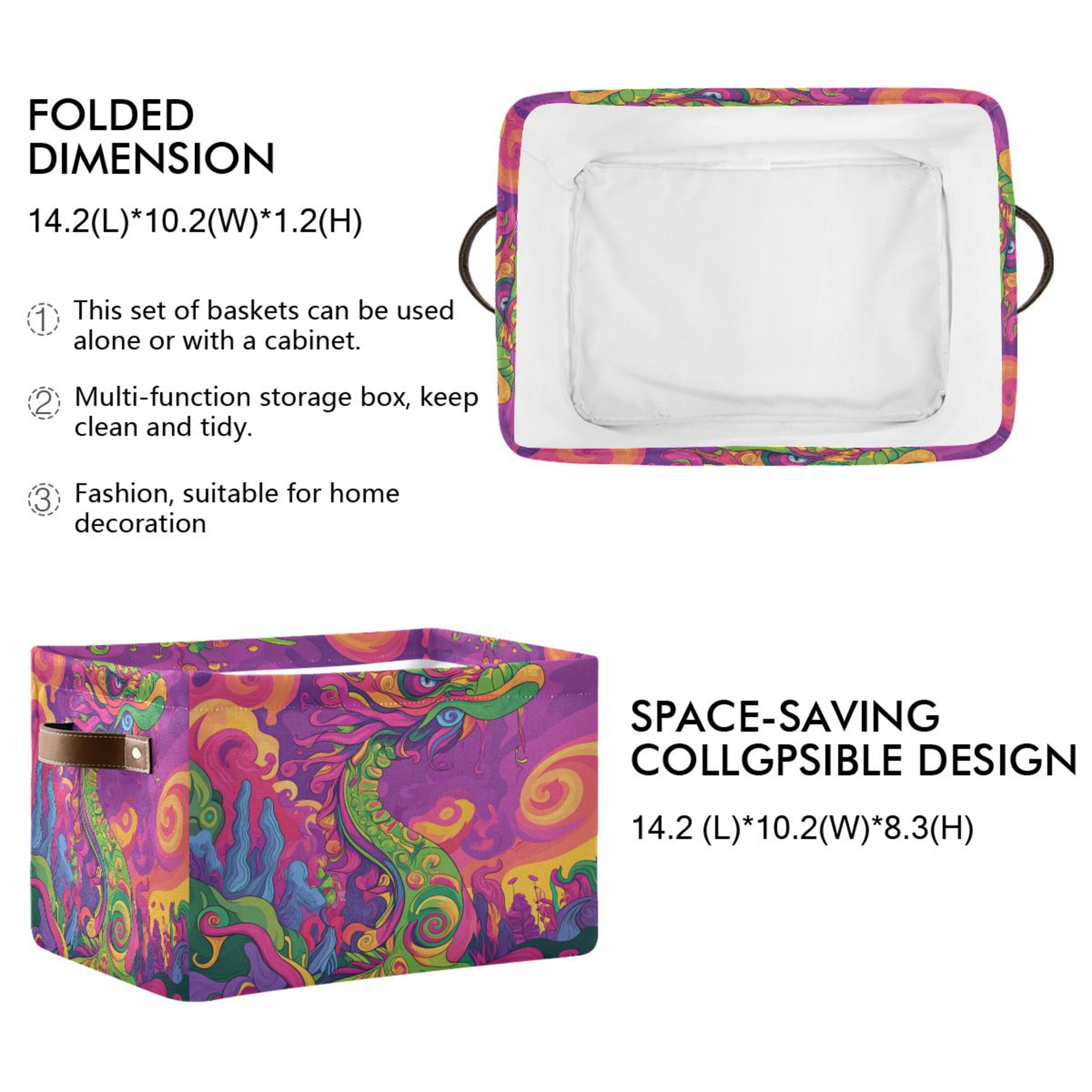 Psychedelic Cartoon Dragon Foldable Storage Basket,Canvas Fabric Foldable Storage Bins with Handles Open Home Storage Bins Boxes for Toy Book Shelf Closet Baskets