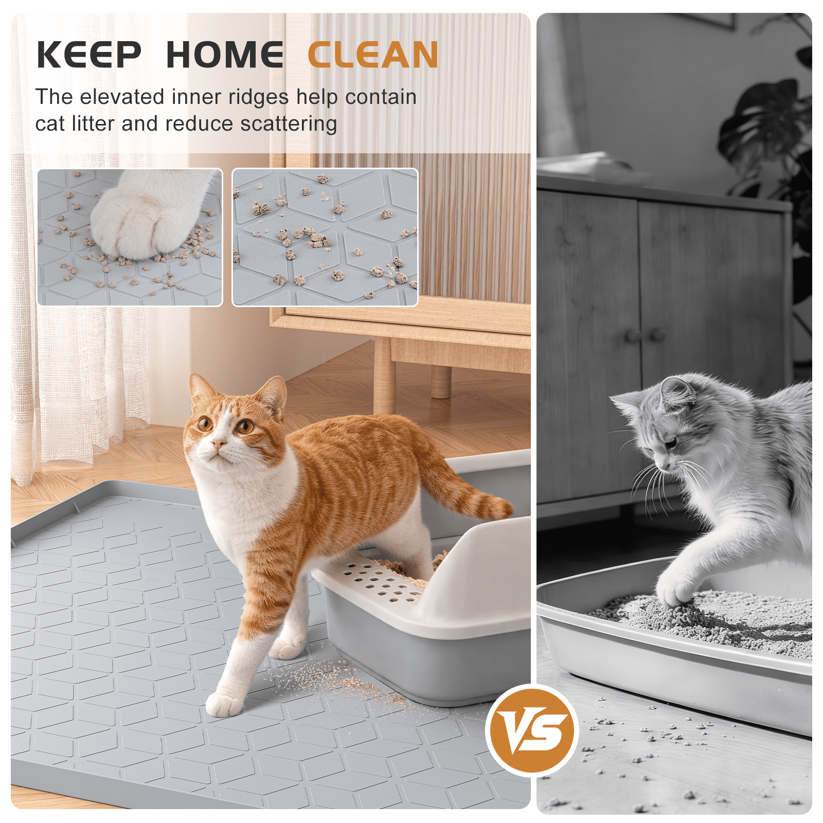 Cshidworld Cat Litter Box Mat, Large 34" X 22" Silicone Cat Mat for Litter Box, Waterproof & Non-Slip Pad for Floor, Easy to Clean Kitty Litter Pads for Indoor Cats, Gray