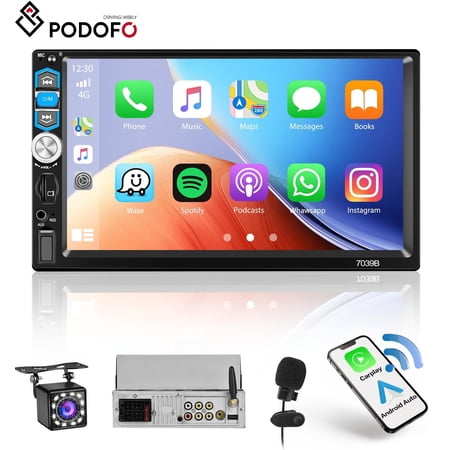Podofo 7 in Single Din Car Stereo Radio Wireless Apple CarPlay Android Auto Mirror Link