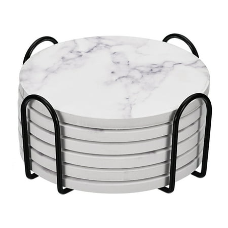 

Drink Coasters with Holder 6pcs 4 - Cork Base Coasters for Drinks Marble Style for Kinds of Cups (Black)