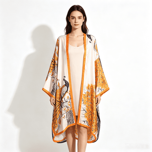 WeHello Women's shirt peacock print kimono long style clothes summer casual swimsuit cardigan