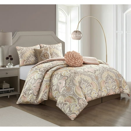 Porch & Den Summerfield Jacquard Medallion 6-piece Comforter Set Blush California King Adult Abstract Bohemian & Eclectic  Modern & Contemporary Upgrade the style of your bedroom with this luxury jacquard medallion in soft coral and gold colors. Constructed of 100% polyester fabric and filling  this bed set comes with one (1) cozy comforter  two (2) shams  one (1) solid bed skirt  and two (2) plushy pillows that flaunt excellent workmanship and quality. The complete bed set built to last  this bedding set is made with strict quality control standards and comes with everything you need for a complete bedroom makeover. Made with high strength polyester. Set Includes: (1) Comforter  (2) Pillow Shams  (1) Bedskirt  (2) Decorative Pillows Material: Polyester Color: Blush Pink Care Instruction: Dry Clean Size: Queen  King  California King Queen Dimensions: 1 Comforter- 90 inches x 92 inches 2 Shams- 26 inches x 20 inches 1 Decorative pillow- 18 inches x 18 inches 1 Decorative pillow- 16 inches x 16 inches 1 Bedskirt- 60 inches x 80 inches with 15-inch drop King Dimensions: 1 Comforter- 104 inches x 92 inches 2 Shams- 36 inches x 20 inches 1 Decorative pillow- 18 inches x 18 inches 1 Decorative pillow- 16 inches x 16 inches 1 Bedskirt- 78 inches x 80 inches with 15-inch drop California King Dimensions: 1 Comforter- 104 inches x 92 inches 2 Shams- 36 inches x 20 inches 1 Decorative pillow- 18 inches x 18 inches 1 Decorative pillow- 16 inches x 16 inches 1 Bedskirt- 72 inches x 84 inches with 15-inch drop