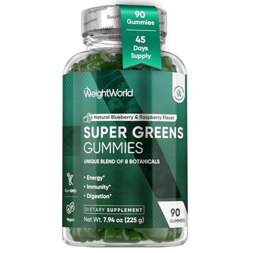 WeightWorld Super Greens Gummies - Energy, Immunity, Gut & Digestive Health - 45-Day Supply - Daily Greens Supplements - Moringa, Broccoli, Spinach   Vitamins & Minerals - 90 Vegan Superfood Gummies