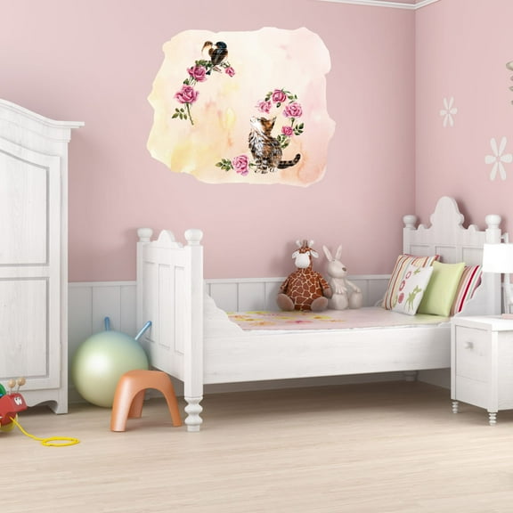 Animal Watercolor Wall Decals for Kids Room - Pink Background Birds & Cat Animals Floral DIY & Creativity Boy Girl Bedroom Wall Water Color Sticker - Size: 10 In x 8 In
