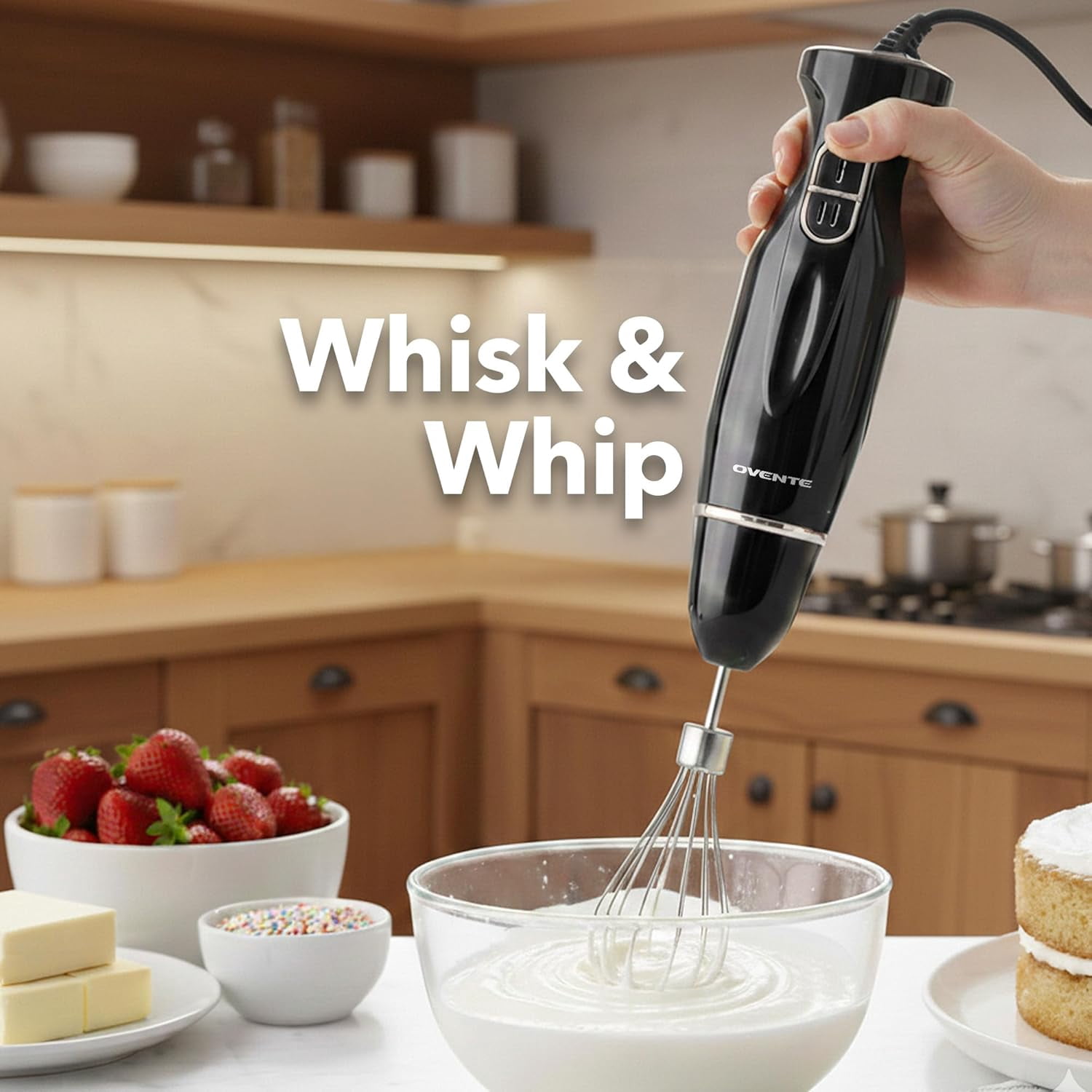 OVENTE Immersion Electric Hand Blender 300 Watt Power 2 Mix Speed with Stainless Steel Blades, Handheld Stick Mixer Set with Egg Whisk Attachment Mixing Beaker and BPA-Free Food Chopper, Black HS565B