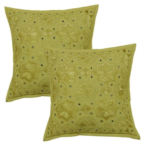 Stylo Culture Indian Boho Sofa Throw Pillow Covers 16 x 16 Hand Embroidered Light Olive Green Bohemian 40cm x 40cm Home Decor Cotton Mirrored Square Cushion Covers | Set Of 2