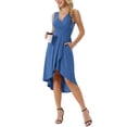 thumbnail image 4 of Vestidos de verano sin mangas para mujeres INSPIRE CHIC, vestido midi con escote en V, plisado, dobladillo alto-bajo y bolsillos, L Azul profundo, 4 of 6