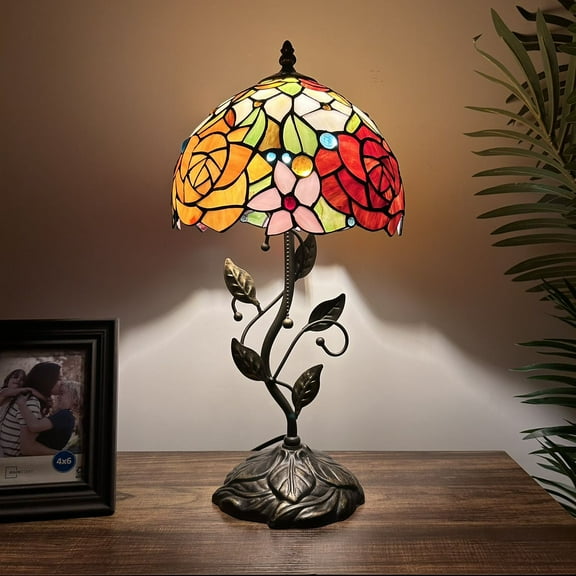 Tiffany Table Lamp Red Orange Stained Glass Rose Flowers LED Bulb Included Pull Chain Switch for Living Room Dining Room Bedroom Bedside 20"H*10"W