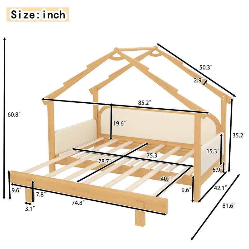 Bellemave Extendable Montessori House Bed, Wood Twin to King Daybed with Soft Cushion Rails, Double Twin Beds with Roof-Shaped, No Box Spring Needed (Natural+Beige)